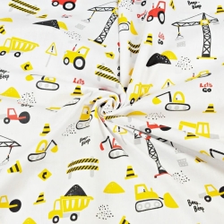 Baumwolle 100% Baustellenfahrzeuge gelb-rot auf weißem Hintergrund  