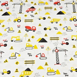 Baumwolle 100% Baustellenfahrzeuge gelb-rot auf weißem Hintergrund  