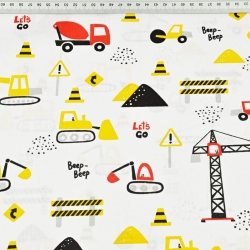 Baumwolle 100% Baustellenfahrzeuge gelb-rot auf weißem Hintergrund  