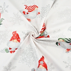 Baumwolle 100% Weihnachtsmuster Wichtel mit silbernen Schneeflocken auf weißem Hintergrund  
