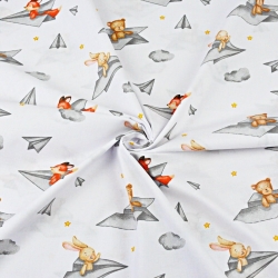 Baumwolle 100% Tiere in Papierflugzeugen auf weißem Hintergrund  