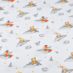 Baumwolle 100% Tiere in Papierflugzeugen auf weißem Hintergrund  