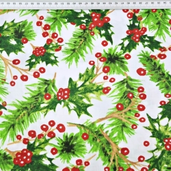 Baumwolle 100% Weihnachtsmuster Stechpalme rot-grün auf weißem Hintergrund  