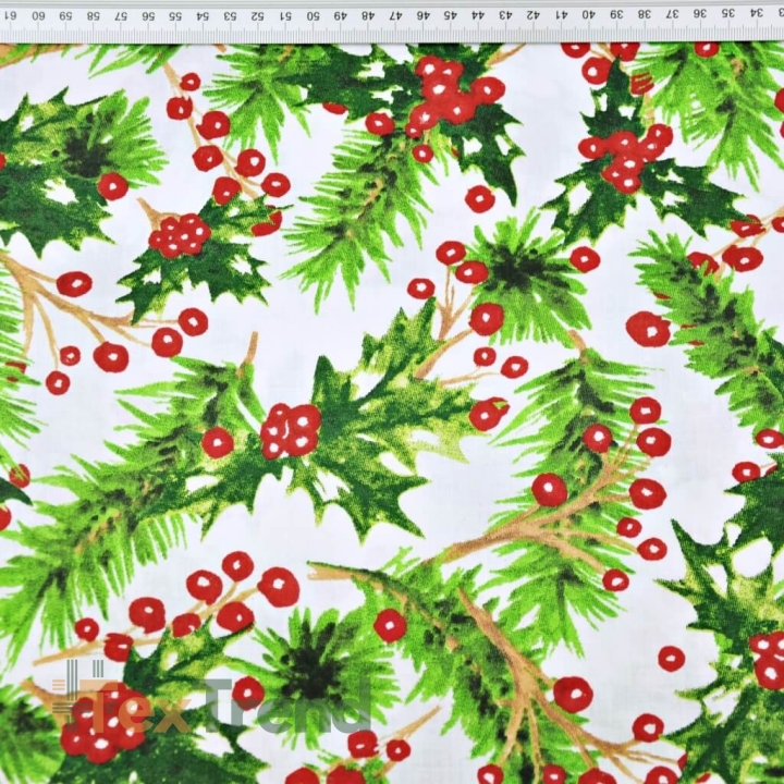 Baumwolle 100% Weihnachtsmuster Stechpalme rot-grün auf weißem Hintergrund  