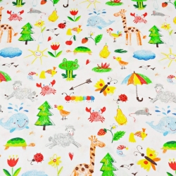 Baumwolle 100% Tiere gezeichnet bunt auf weißem Hintergrund  