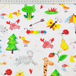 Baumwolle 100% Tiere gezeichnet bunt auf weißem Hintergrund  