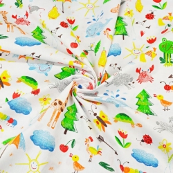 Baumwolle 100% Tiere gezeichnet bunt auf weißem Hintergrund  