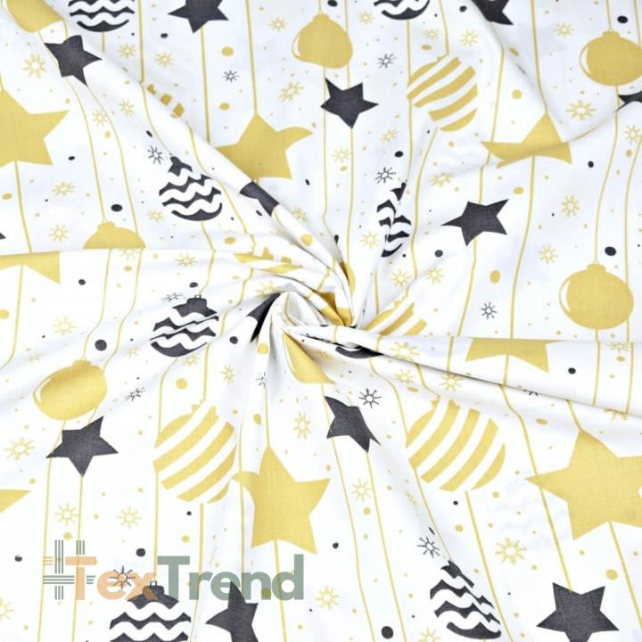 Baumwolle 100% Weihnachtsmuster Weihnachtsbaumkugeln und Sterne gold-grafit  