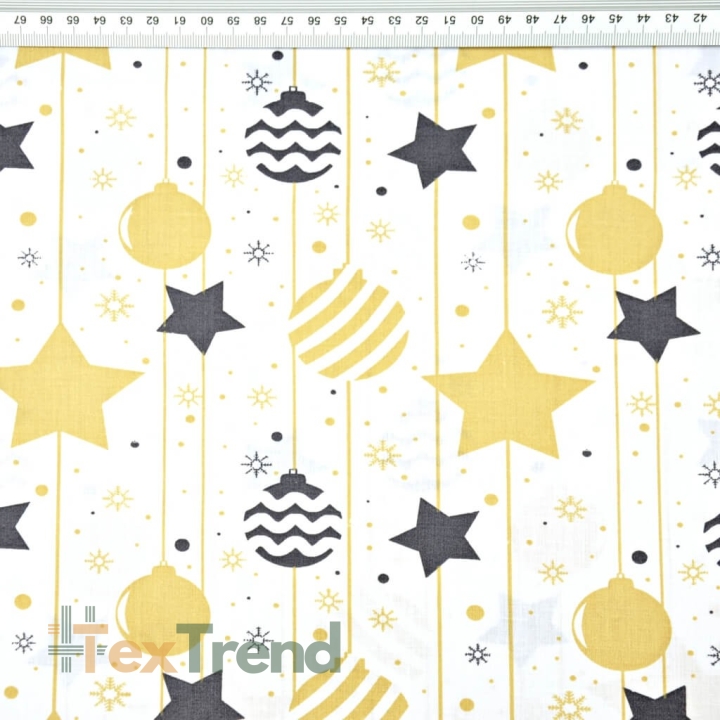 Baumwolle 100% Weihnachtsmuster Weihnachtsbaumkugeln und Sterne gold-grafit  