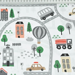 100% Baumwolle - Autos auf den Straßen in grün-rot auf weißem Hintergrund  