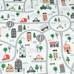 100% Baumwolle - Autos auf den Straßen in grün-rot auf weißem Hintergrund  