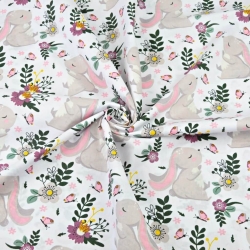 Baumwolle 100% Kaninchen auf grün-lila Wiese auf weißem Hintergrund  