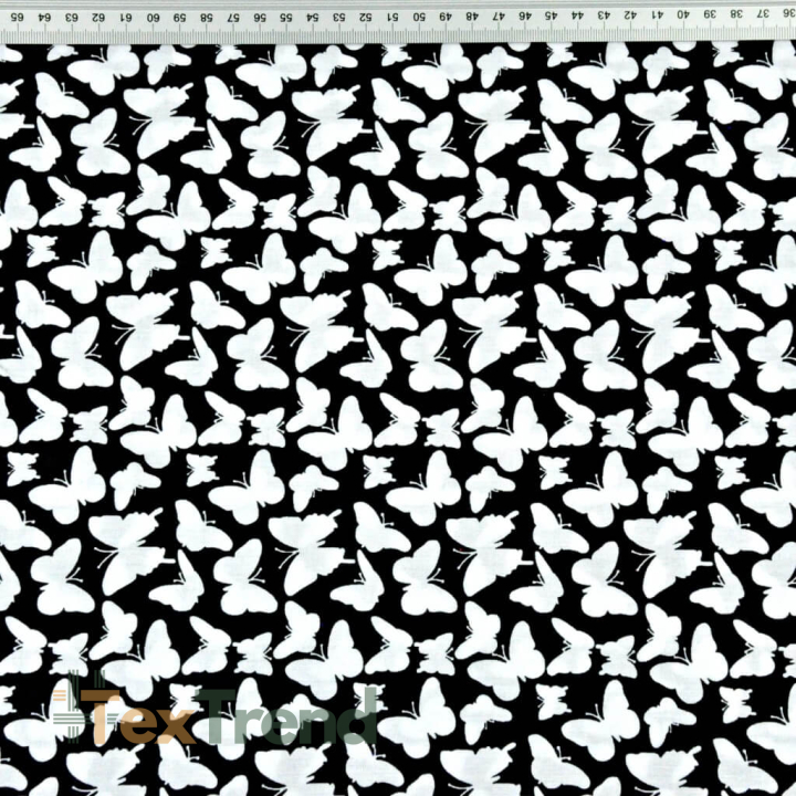 Baumwolle 100% MINI Schmetterlinge weiß auf schwarzem Hintergrund  