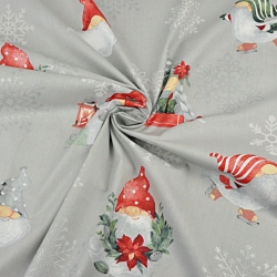 Baumwolle 100% Weihnachtsmuster Wichtel mit silbernen Schneeflocken auf grauem Hintergrund  