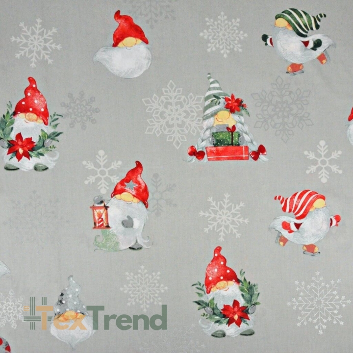 Baumwolle 100% Weihnachtsmuster Wichtel mit silbernen Schneeflocken auf grauem Hintergrund  