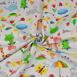 Baumwolle 100% Tiere gezeichnet bunt auf grauem Hintergrund  