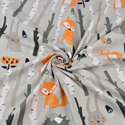 Baumwolle 100% Tiere im Wald auf grauem Hintergrund  