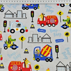 Baumwolle 100% Tiere in Fahrzeugen bunt auf hellgrauem Hintergrund  