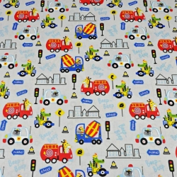 Baumwolle 100% Tiere in Fahrzeugen bunt auf hellgrauem Hintergrund  