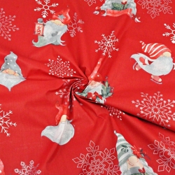 Baumwolle 100% Weihnachtsmuster Wichtel mit silbernen Schneeflocken auf rotem Hintergrund  