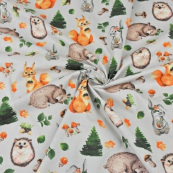 Baumwolle 100% Waldtiere orange-grün auf hellgrauem Hintergrund  