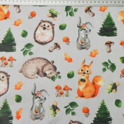 Baumwolle 100% Waldtiere orange-grün auf hellgrauem Hintergrund  