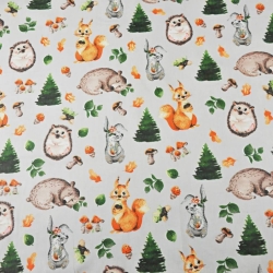 Baumwolle 100% Waldtiere orange-grün auf hellgrauem Hintergrund  