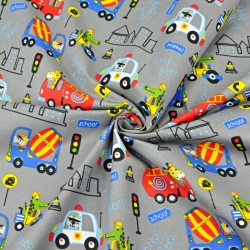 Baumwolle 100% Tiere in Fahrzeugen bunt auf dunkelgrauem Hintergrund  