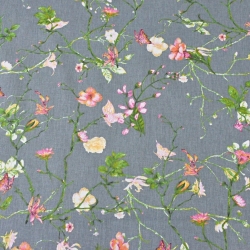 Baumwolle 100% Kletterblumen mit Schmetterlingen auf dunkelgrauem Hintergrund  