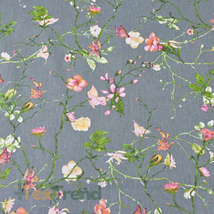Baumwolle 100% Kletterblumen mit Schmetterlingen auf dunkelgrauem Hintergrund  