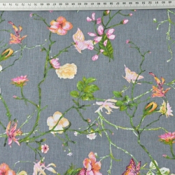 Baumwolle 100% Kletterblumen mit Schmetterlingen auf dunkelgrauem Hintergrund  