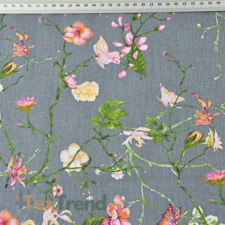 Baumwolle 100% Kletterblumen mit Schmetterlingen auf dunkelgrauem Hintergrund  