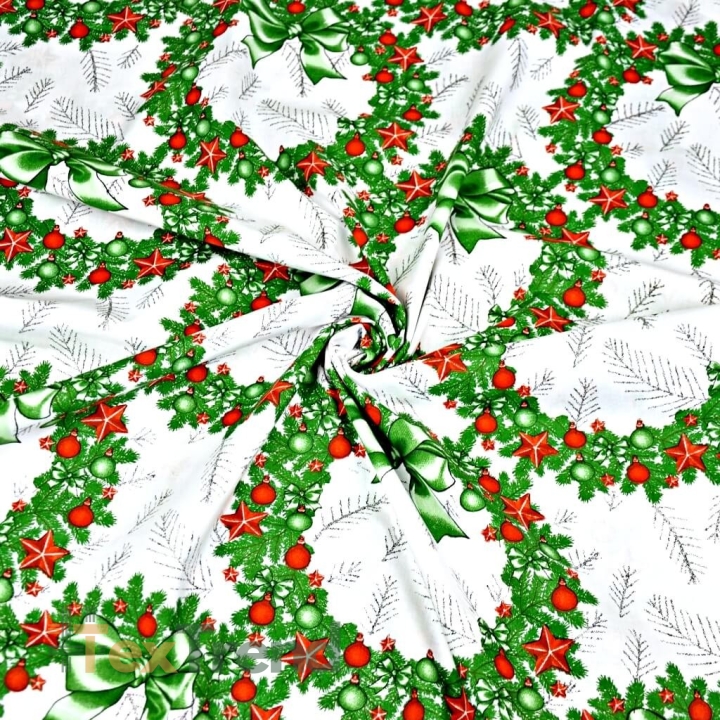 Baumwolle 100% Weihnachtsmuster Kränze rot-grün auf weißem Hintergrund  