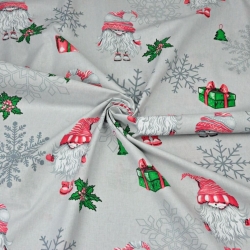 Baumwolle 100% Weihnachtsmuster Wichtel im Paar mit Schneeflocken auf grauem Hintergrund  