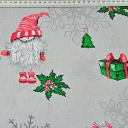 Baumwolle 100% Weihnachtsmuster Wichtel im Paar mit Schneeflocken auf grauem Hintergrund  