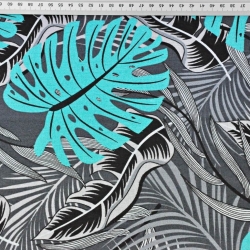 Baumwolle 100% Monstera-Blätter türkis-grau auf schwarzem Hintergrund  
