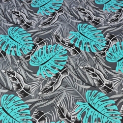 Baumwolle 100% Monstera-Blätter türkis-grau auf schwarzem Hintergrund  