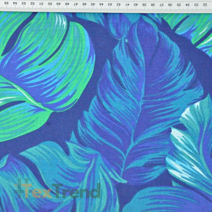 Baumwolle 100% tropische Blätter blau-grün auf dunkelblauem Hintergrund - 220cm  