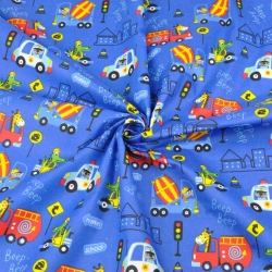 Baumwolle 100% Tiere in Fahrzeugen bunt auf saphirblauem Hintergrund  