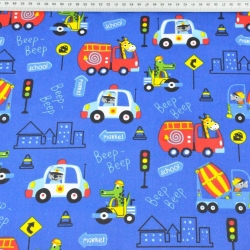 Baumwolle 100% Tiere in Fahrzeugen bunt auf saphirblauem Hintergrund  