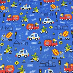 Baumwolle 100% Tiere in Fahrzeugen bunt auf saphirblauem Hintergrund  