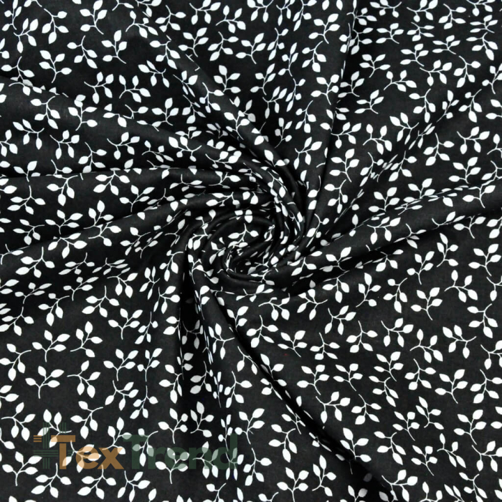 Baumwolle 100% MINI Blütenzweige weiß auf schwarzem Hintergrund  
