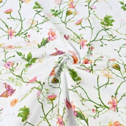 Baumwolle 100% Kletterblumen mit Schmetterlingen auf weißem Hintergrund  