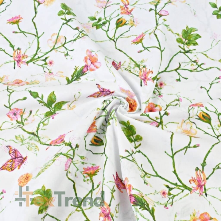 Baumwolle 100% Kletterblumen mit Schmetterlingen auf weißem Hintergrund  