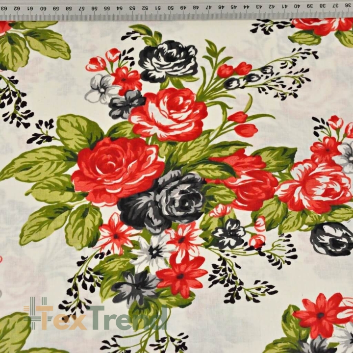 Baumwolle 100% Blumen rote und schwarze Rosen auf ecrufarbenem Hintergrund  