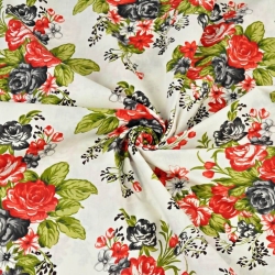 Baumwolle 100% Blumen rote und schwarze Rosen auf ecrufarbenem Hintergrund  