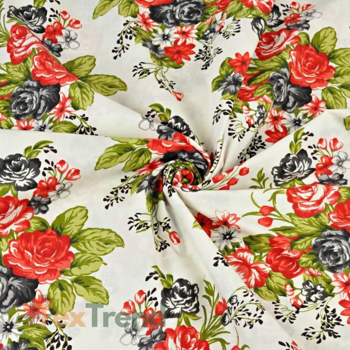 Baumwolle 100% Blumen rote und schwarze Rosen auf ecrufarbenem Hintergrund  