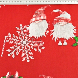 Baumwolle 100% Weihnachtsmuster Wichtel im Paar mit Schneeflocken auf rotem Hintergrund  