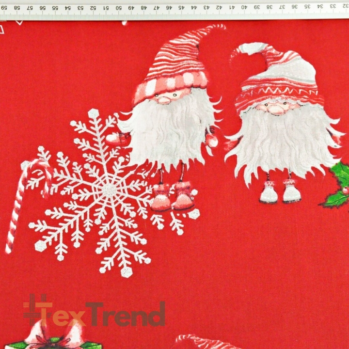 Baumwolle 100% Weihnachtsmuster Wichtel im Paar mit Schneeflocken auf rotem Hintergrund  