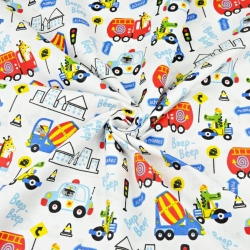 Baumwolle 100% Tiere in Fahrzeugen bunt auf weißem Hintergrund  